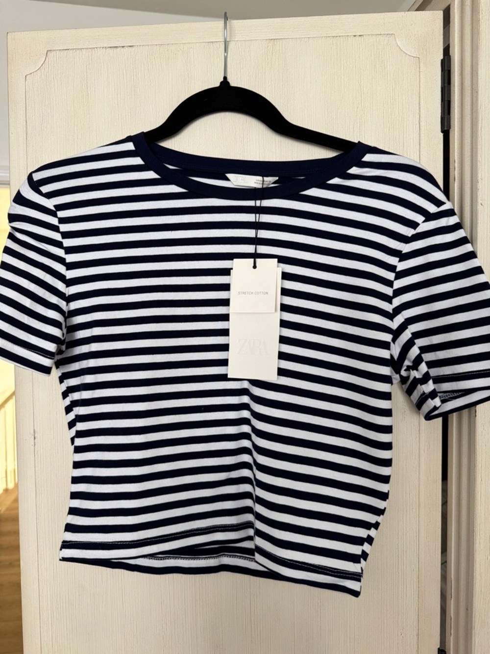 Zara Navy and White Striped Cropped Tee